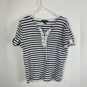Lauren Ralph Lauren Striped T-Shirt Lace Up V-Neck Size XL 100% Cotton White